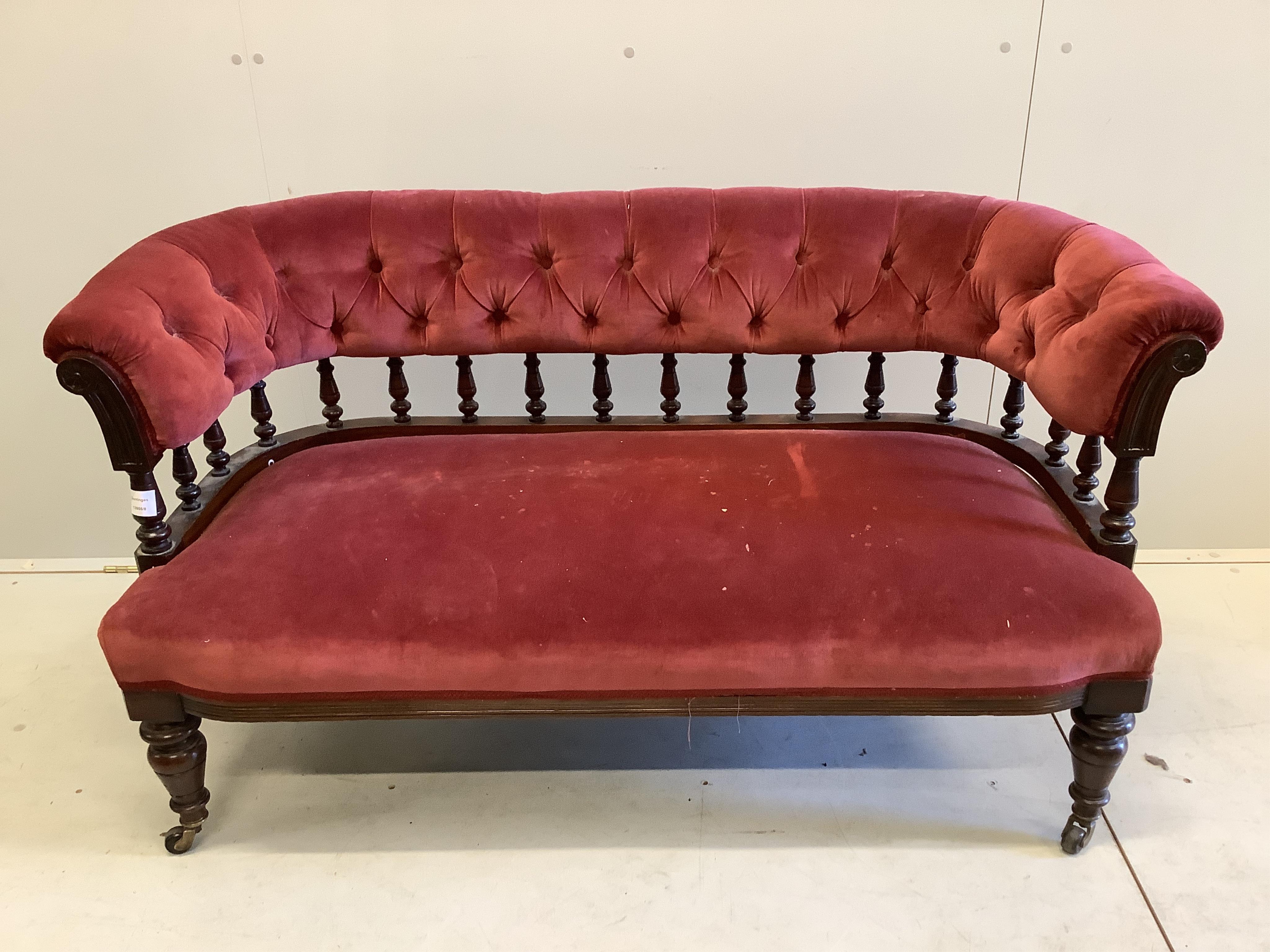 A late Victorian mahogany upholstered settee, width 132cm, depth 56cm, height 70cm. Condition - fair
